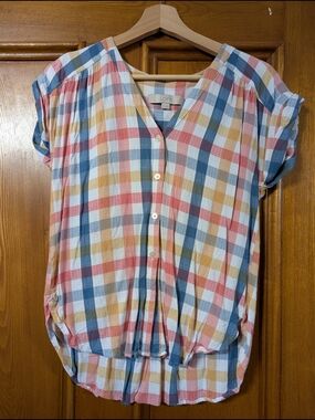 LOFT Multicolor Plaid Short-Sleeve Button-Front Blouse